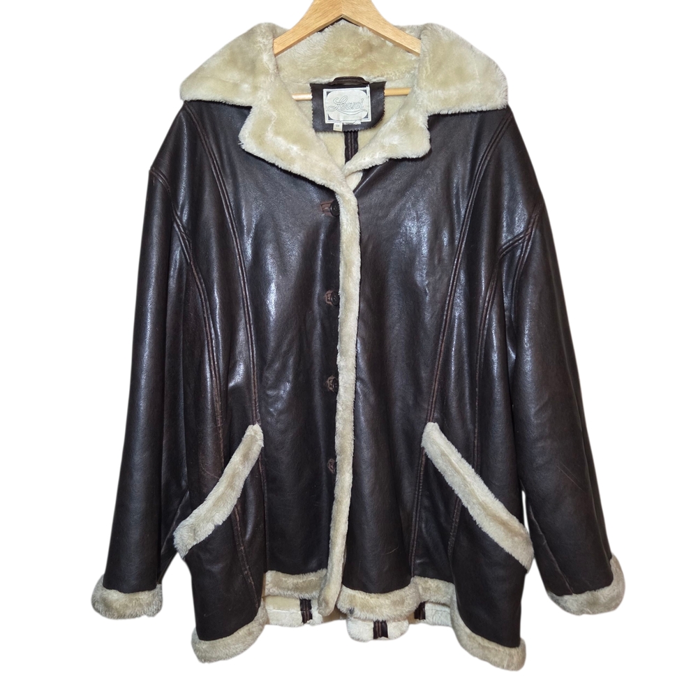 Learsi Men’s 3X Faux Leather Sherpa Lined Brown Jacket Aviator Shearling Coat